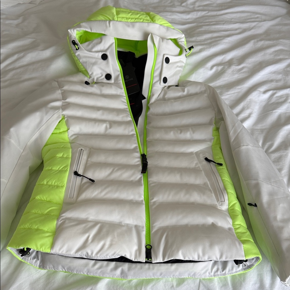Women's Vibrant Ski Jacket in White and Neon Green